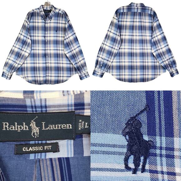 Polo Ralph Lauren Oxford Button Down Shirt Mens Size Large Blue Plaid Modern LS - Picture 1 of 11
